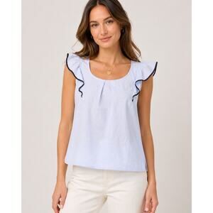 J.Crew Blue Cotton Ruffle Sleeve Blouse Black‎ Trim Size 4